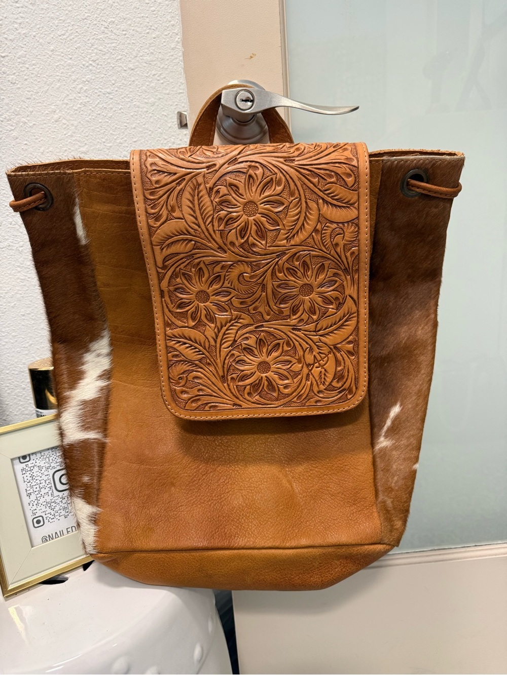 American Darling Floral Tooled Tan and White Backback